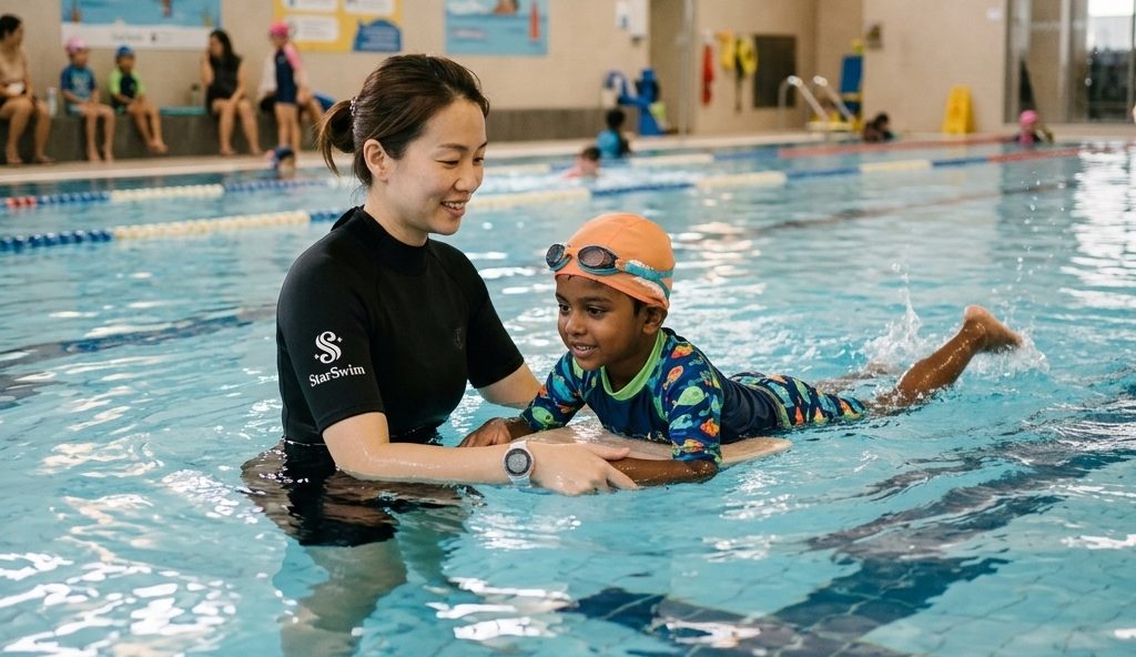Star Swim coach patiently guiding a young swimmer with a kickboard in the pool